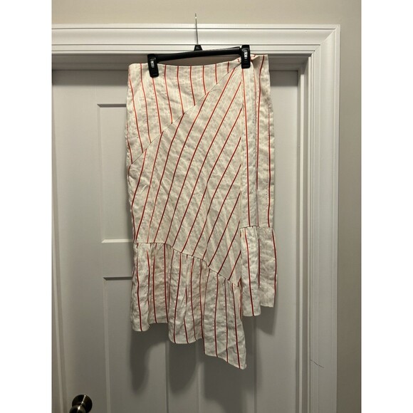 LEWIT Size 14 FAUX WRAP RED POPPY KIEV STRIPE LINEN BLEND ASYMMETRICAL SKIRT - Picture 2 of 8